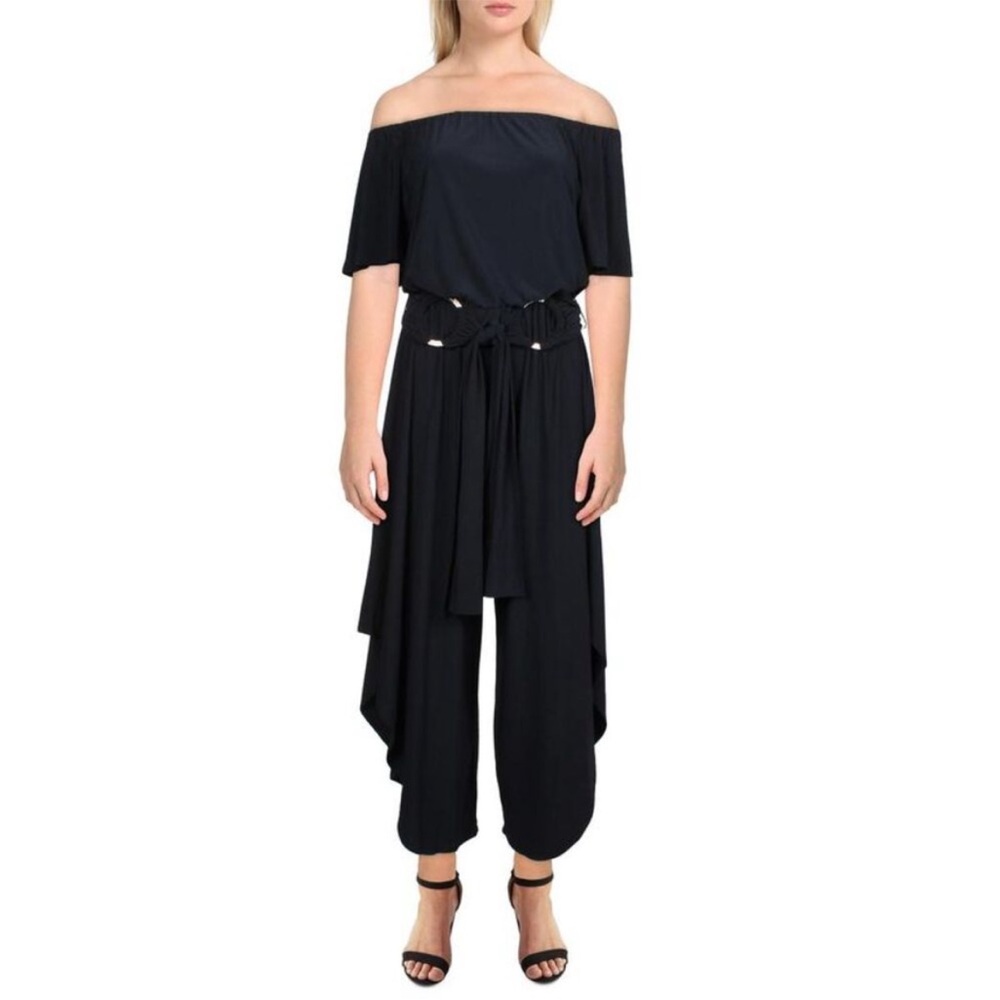 MSK Womens Navy Split Leg O-Ring Formal Jumpsuit Large Gold Ring (T)